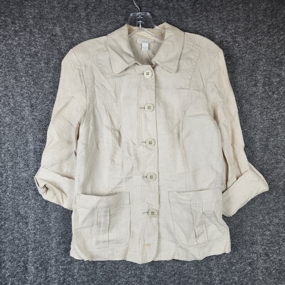 Charter Club Linen Jacket Womens Small Beige Button Front Safari Utility Coat
